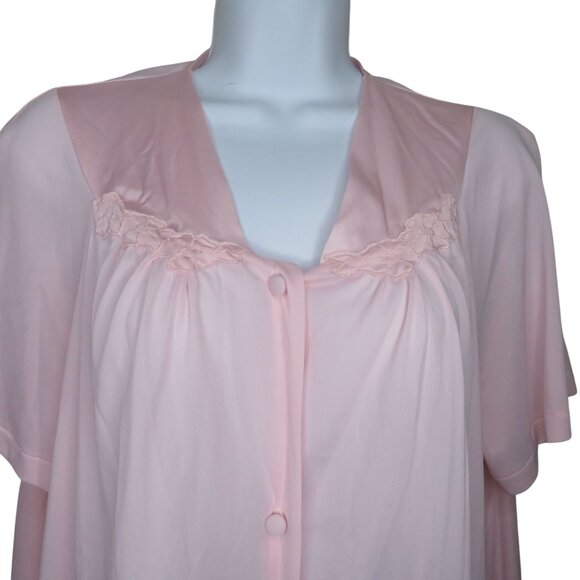 Vintage Vanity Fair Pink Nylon Short Sleeve Pajama Top Laced Trim Button Front L - Picture 7 of 8